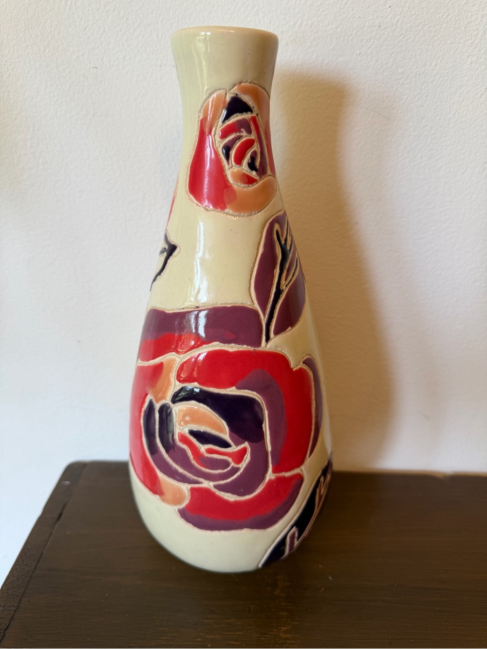 Handcrafted Floral Ceramic Vase - Red & Purple on Cream - Unbranded